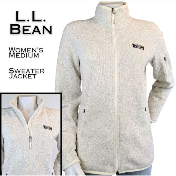 L.L. Bean Womens Sweater Jacket Medium Beige Fleece Lined Full Zip Cabincore - Picture 1 of 11